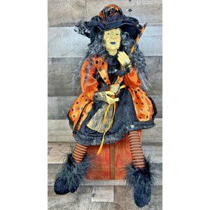 20" Halloween shelf sitter Witch Orange Black Polka Dots Broom EUC Broomstick